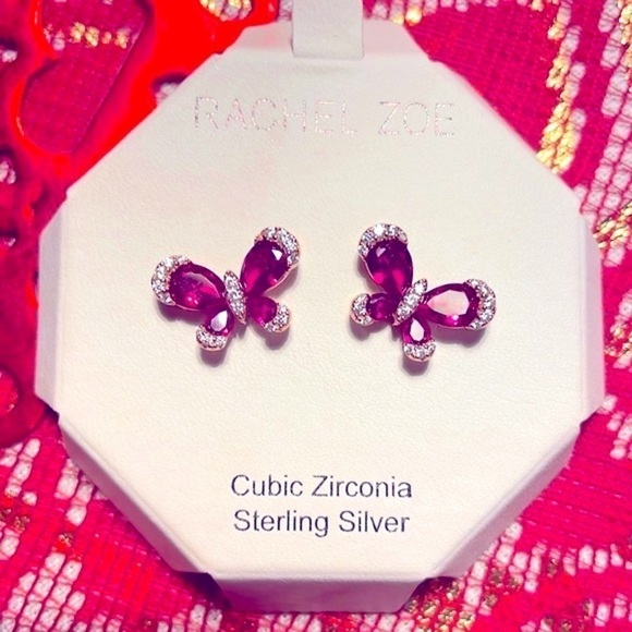 Brand New Rachel Zoe Sterling Silver Magenta Butterfly Post Earrings - Picture 3 of 12